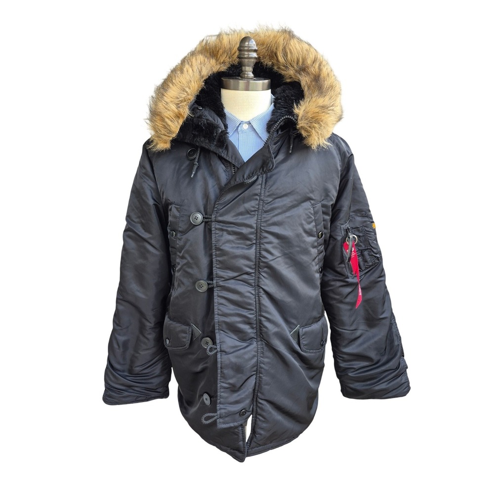 Alpha Industries N-3B Parka Black Faux Fur Hood Flight Nylon Jacket Mens Sz L